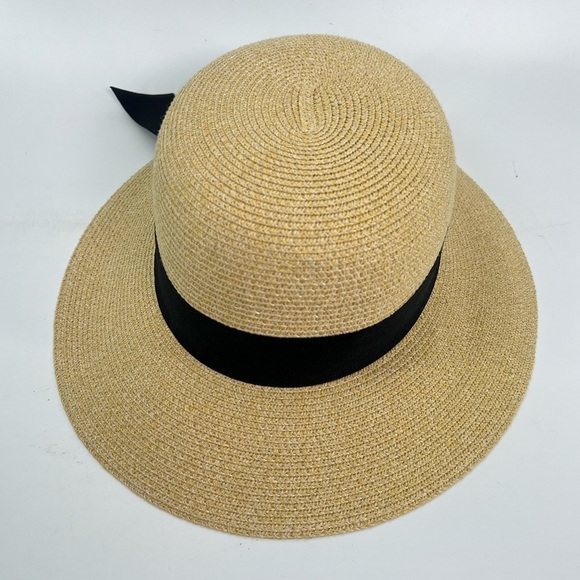 Furtalk Wide Ribbon Straw Beach Sun Hat tan khaki beige with black size medium - Picture 8 of 11